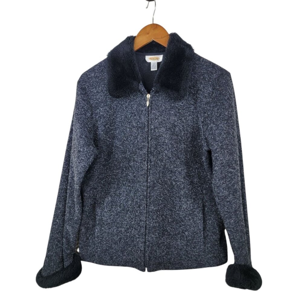 Talbots Fleece Sweatshirt Jacket Medium  Coat Zip Up Gray Black Faux Fur Collar